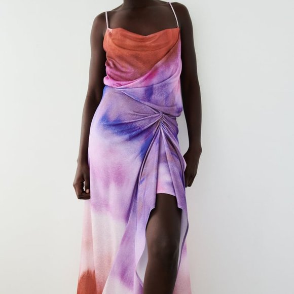 NWT ZARA PURPLE PRINTED DRESS WITH DRAPING - Picture 6 of 9